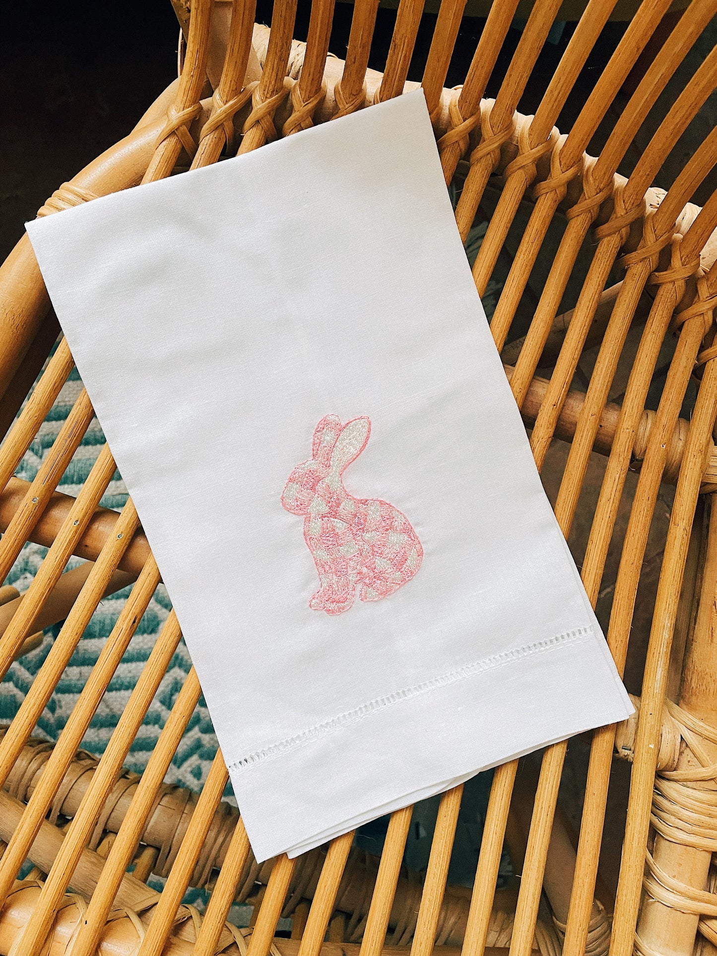 Gingham Bunny Linen Tea Towel - Pink