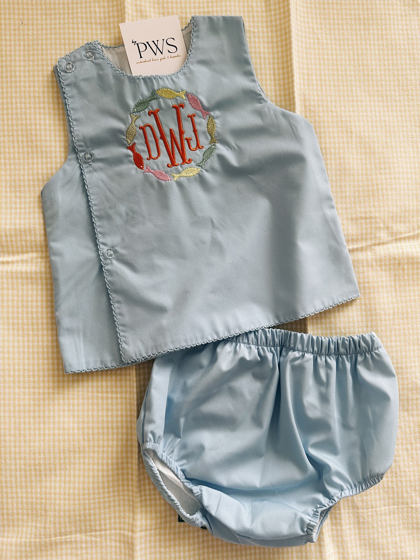 Picot Trim Diaper Set - Blue
