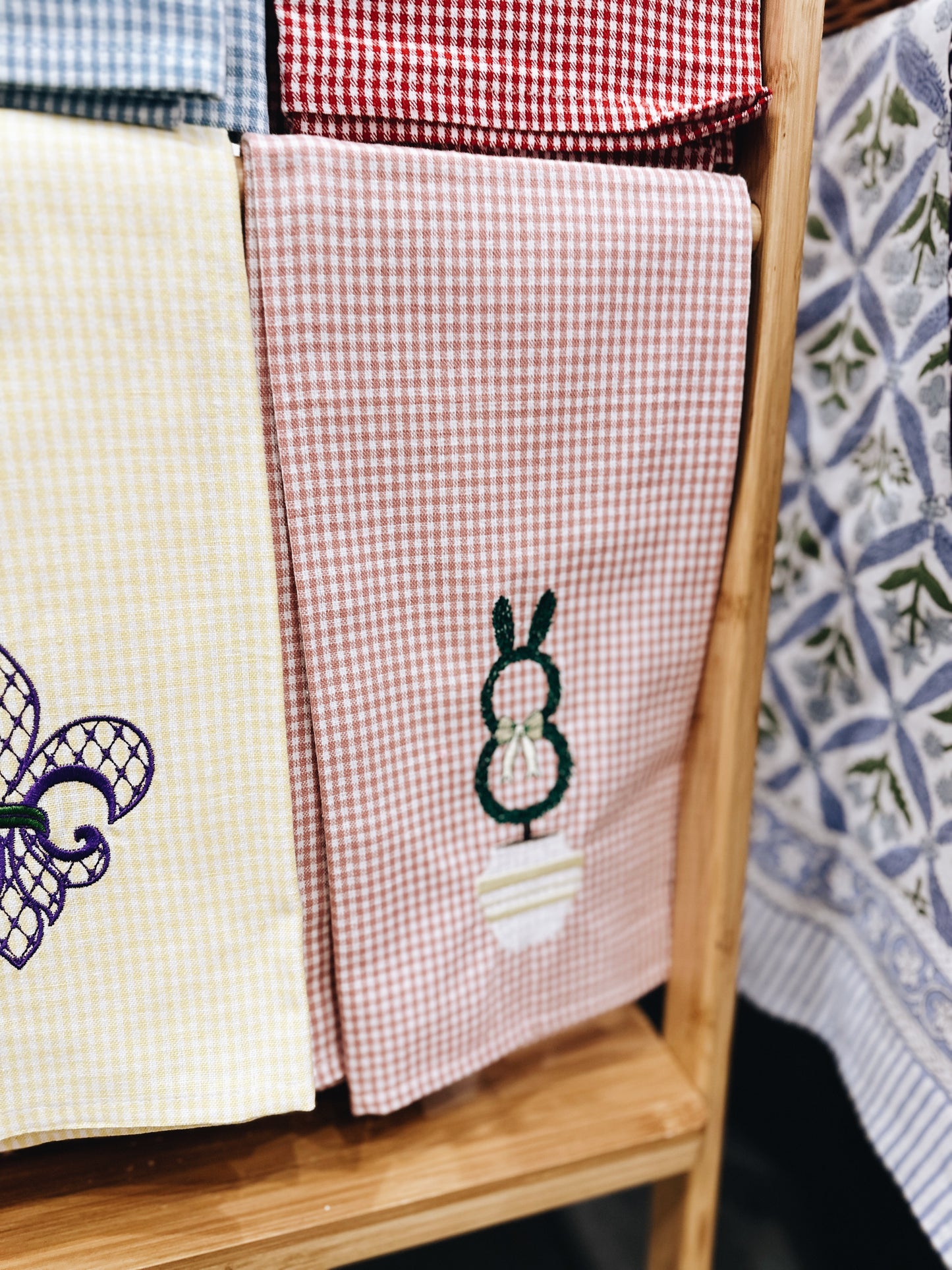 Bunny Topiary Gingham Tea Towel