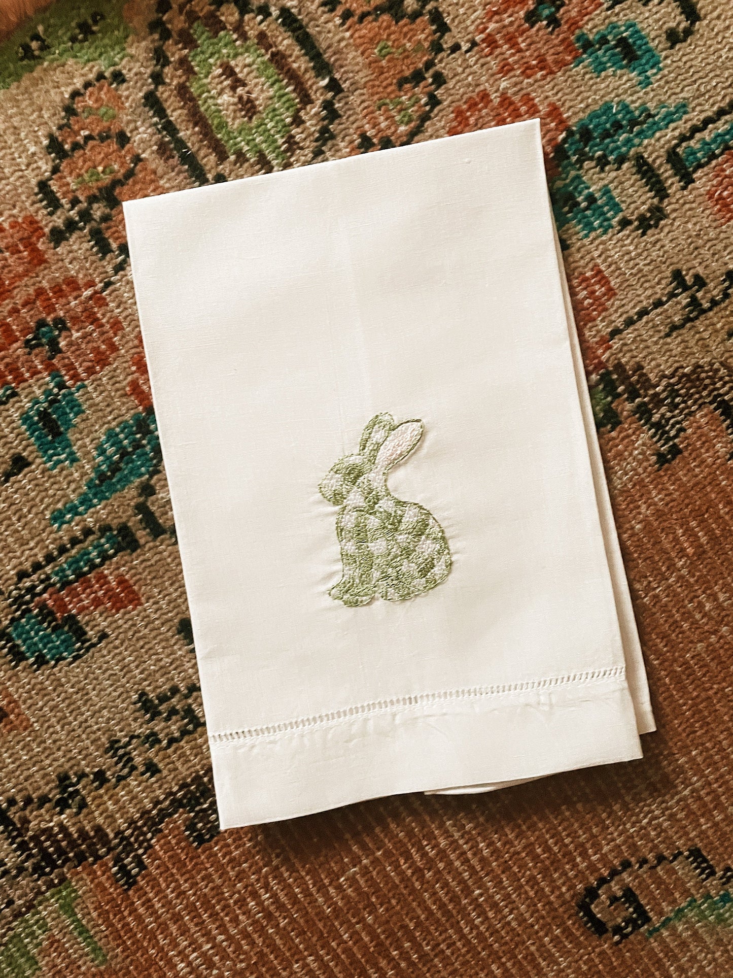 Gingham Bunny Linen Tea Towel - Green