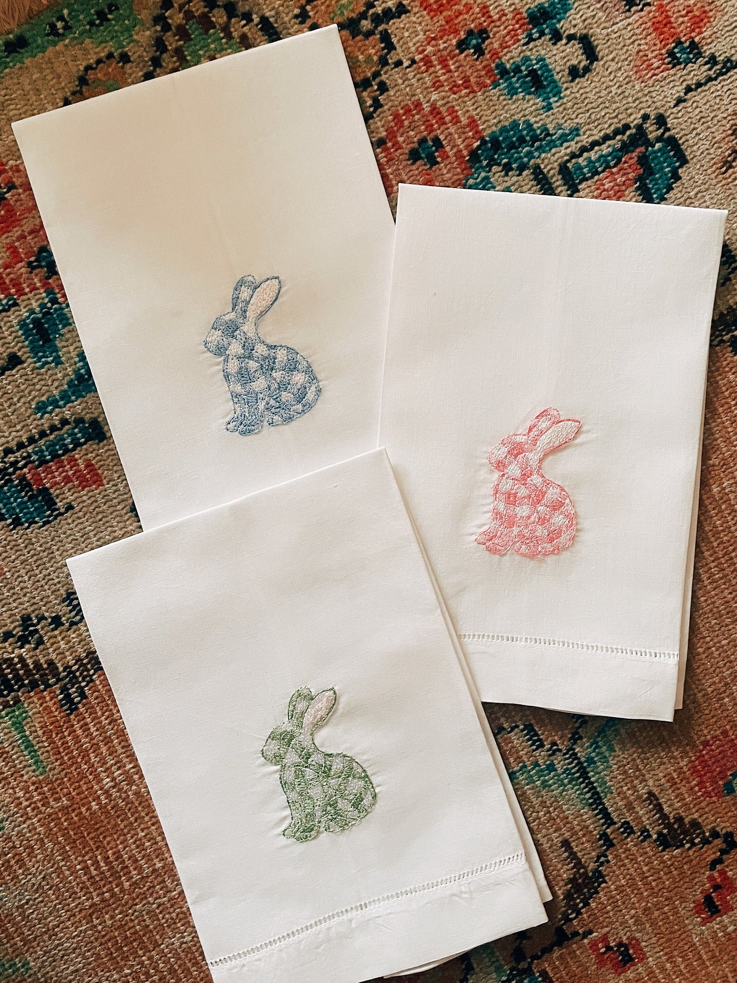 Gingham Bunny Linen Tea Towel - Pink
