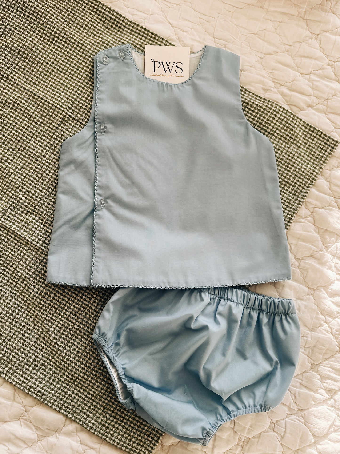 Picot Trim Diaper Set - Blue