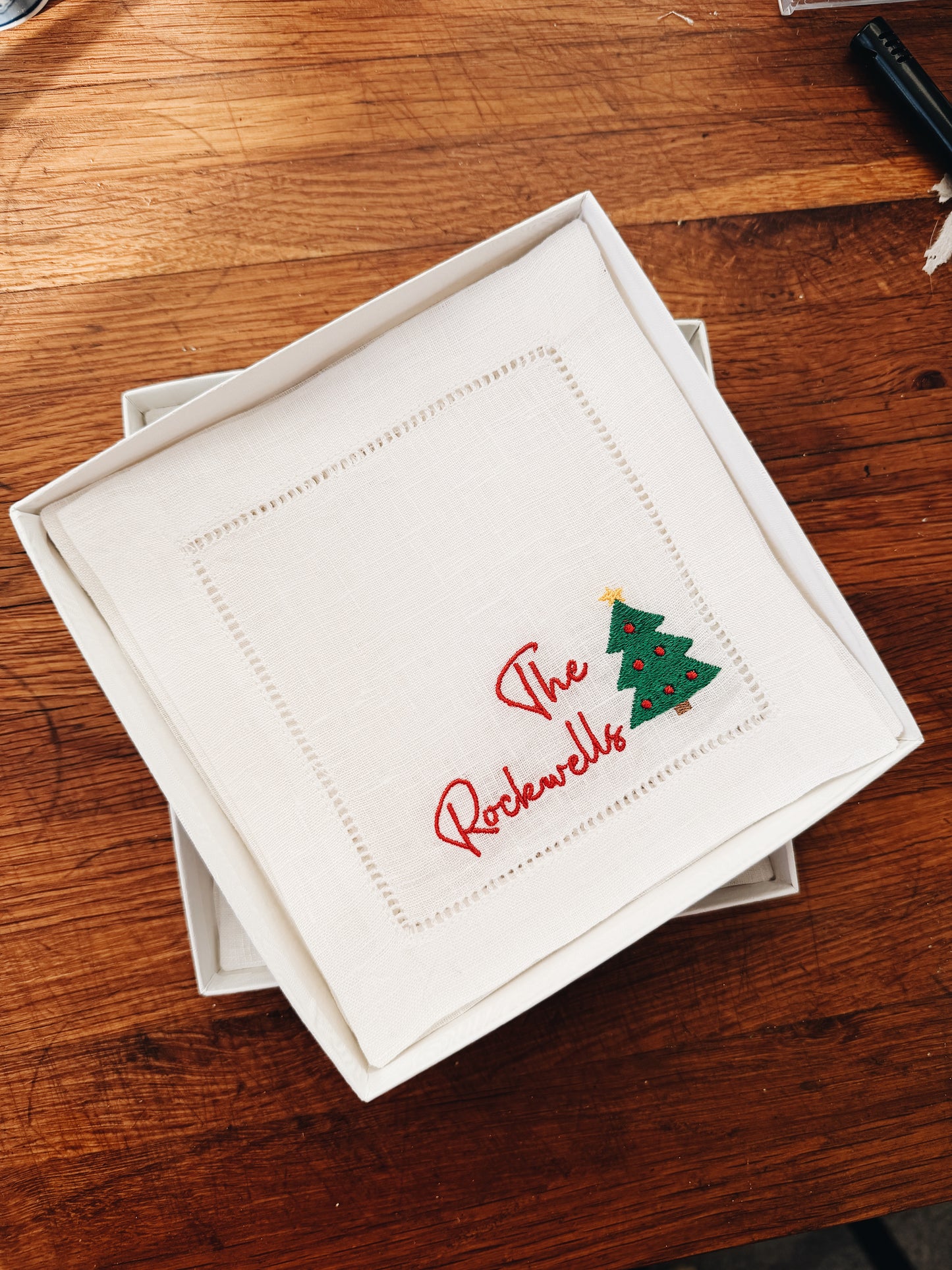 Christmas Tree with Last Name Linen Cocktail Napkins