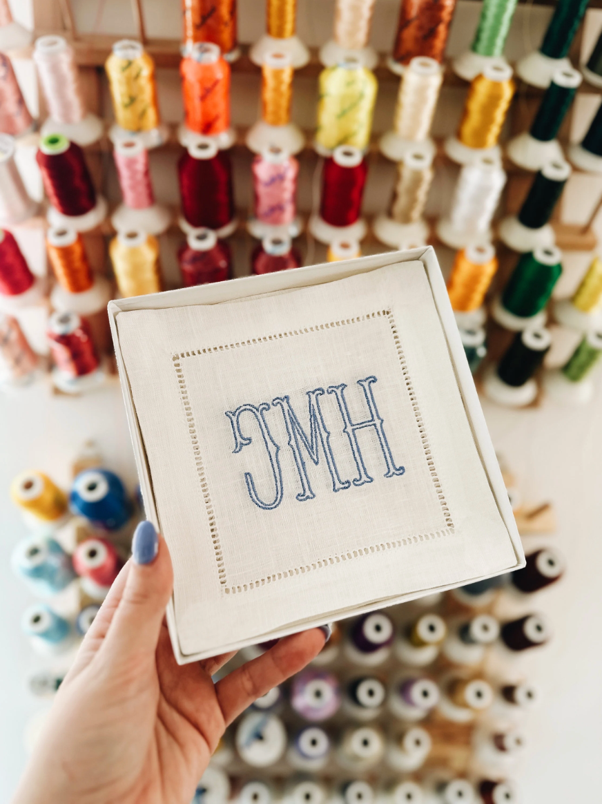 Three Letter Initial Linen Cocktail Napkins - Barrett (2" Tall)