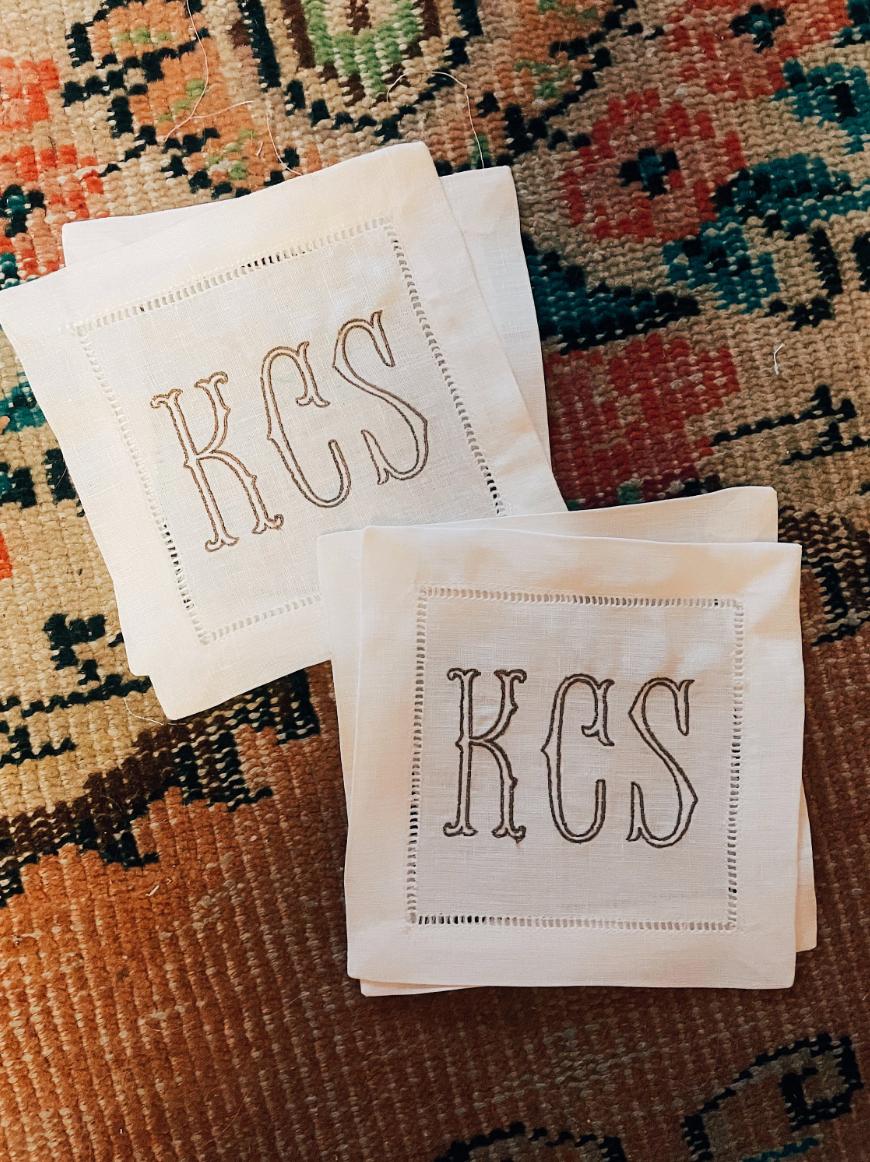 Three Letter Initial Linen Cocktail Napkins - Barrett (2" Tall)