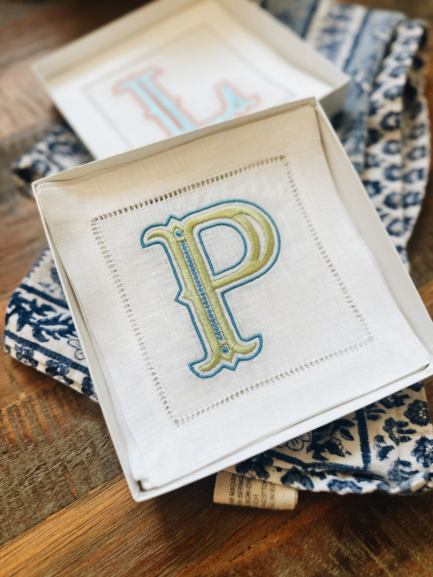 Single Letter Initial Linen Cocktail Napkins - Bess (Multicolor)