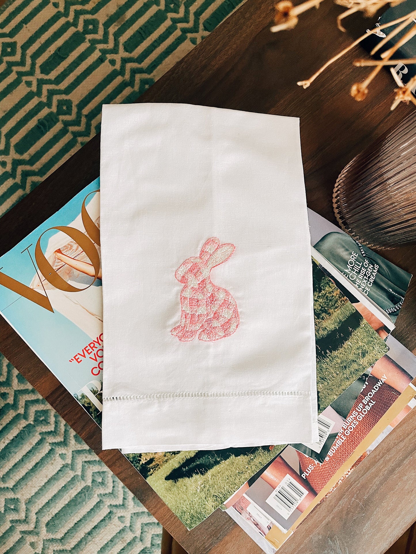 Gingham Bunny Linen Tea Towel - Pink