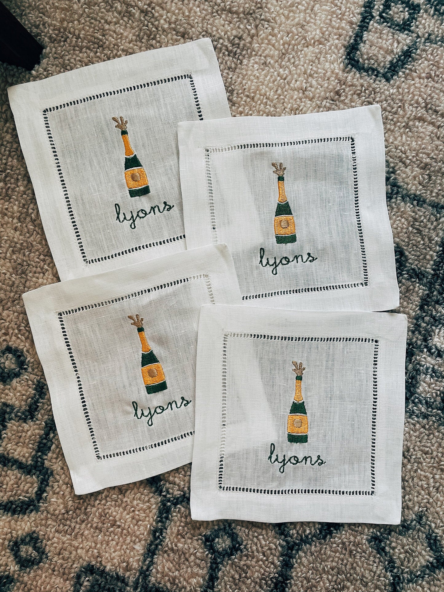 Personalized Champagne Bottle Linen Cocktail Napkins