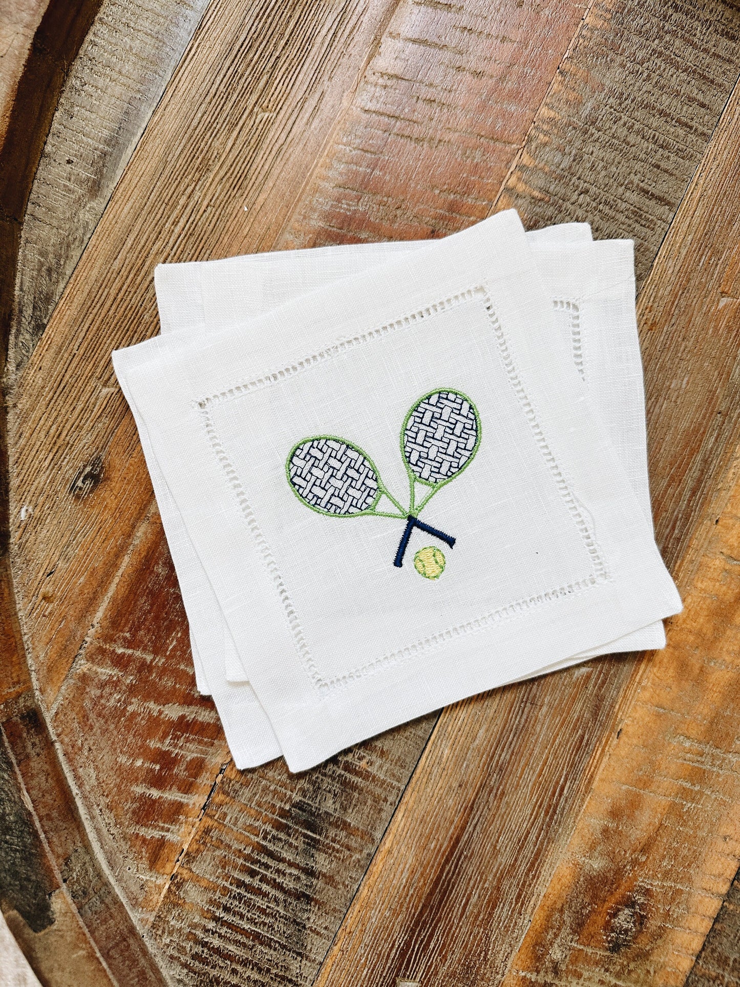 Tennis Racket Linen Cocktail Napkins - Blue & Green
