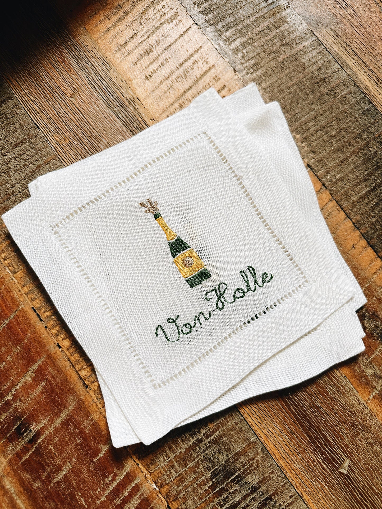 Personalized Champagne Bottle Linen Cocktail Napkins