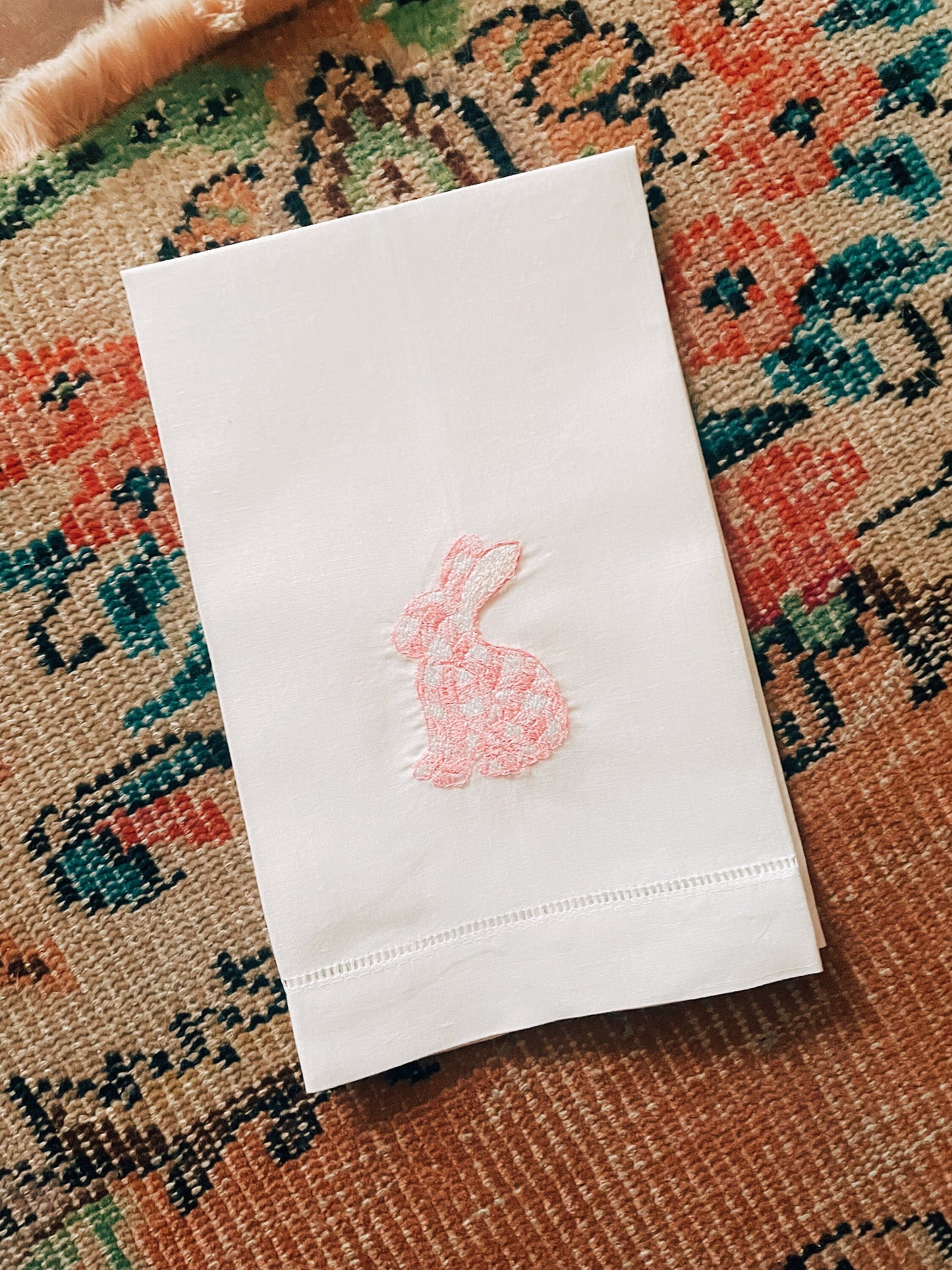 Gingham Bunny Linen Tea Towel - Pink