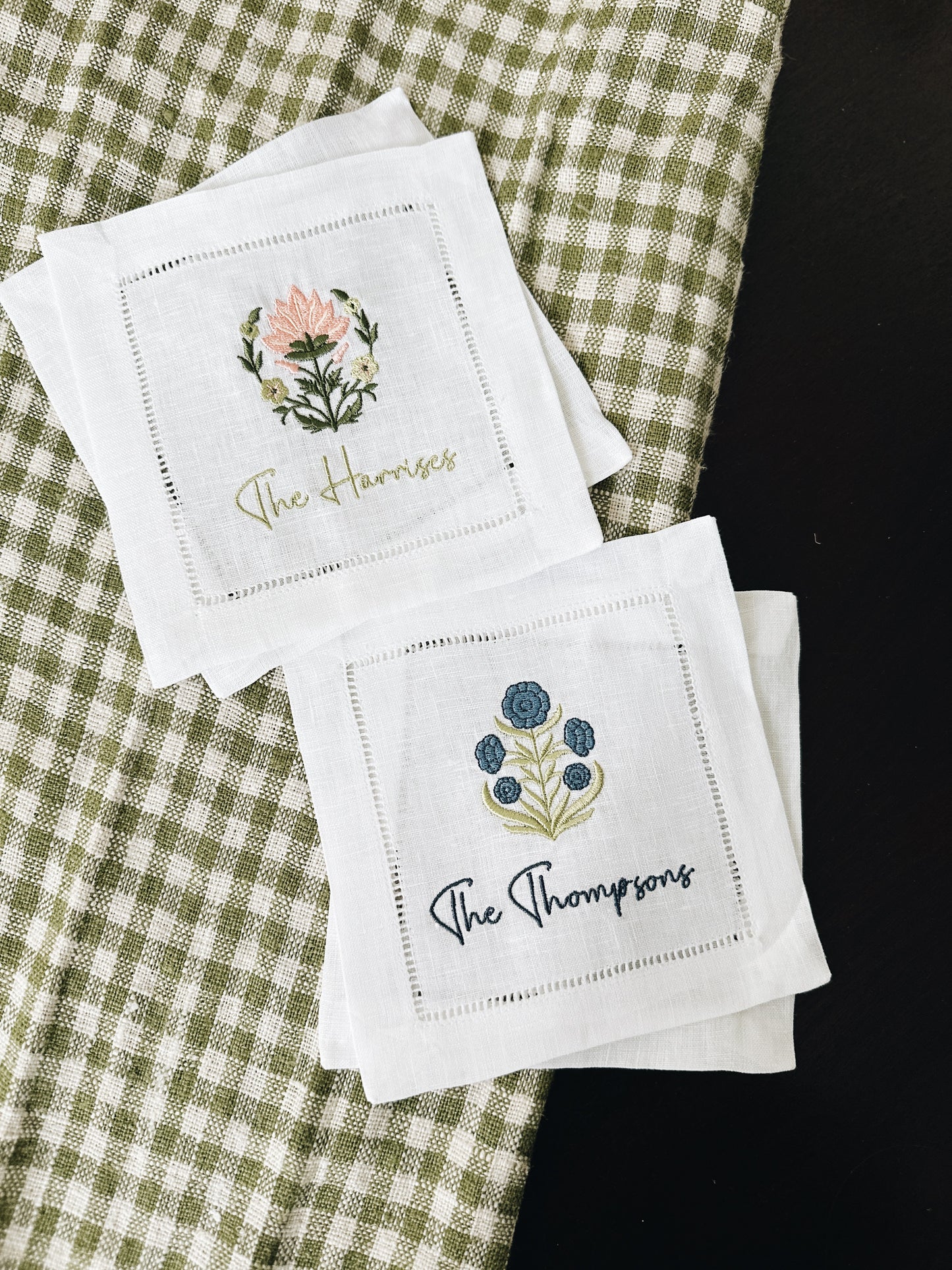 Detailed Block Print Flower Linen Cocktail Napkins - Personalization Optional