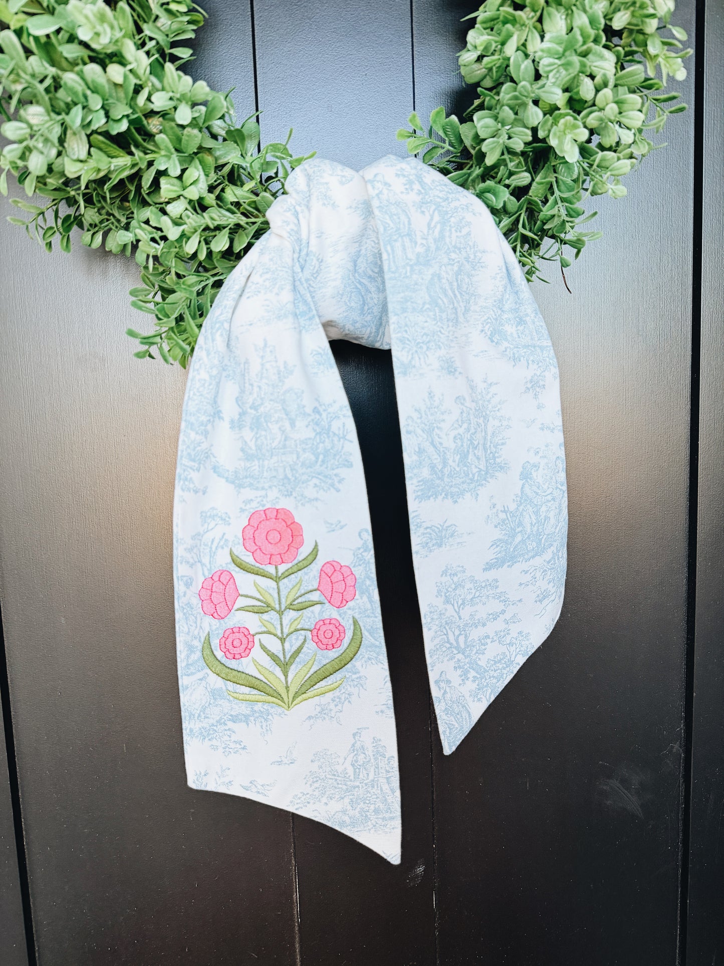 Block Print Flower Toile Wreath Sash