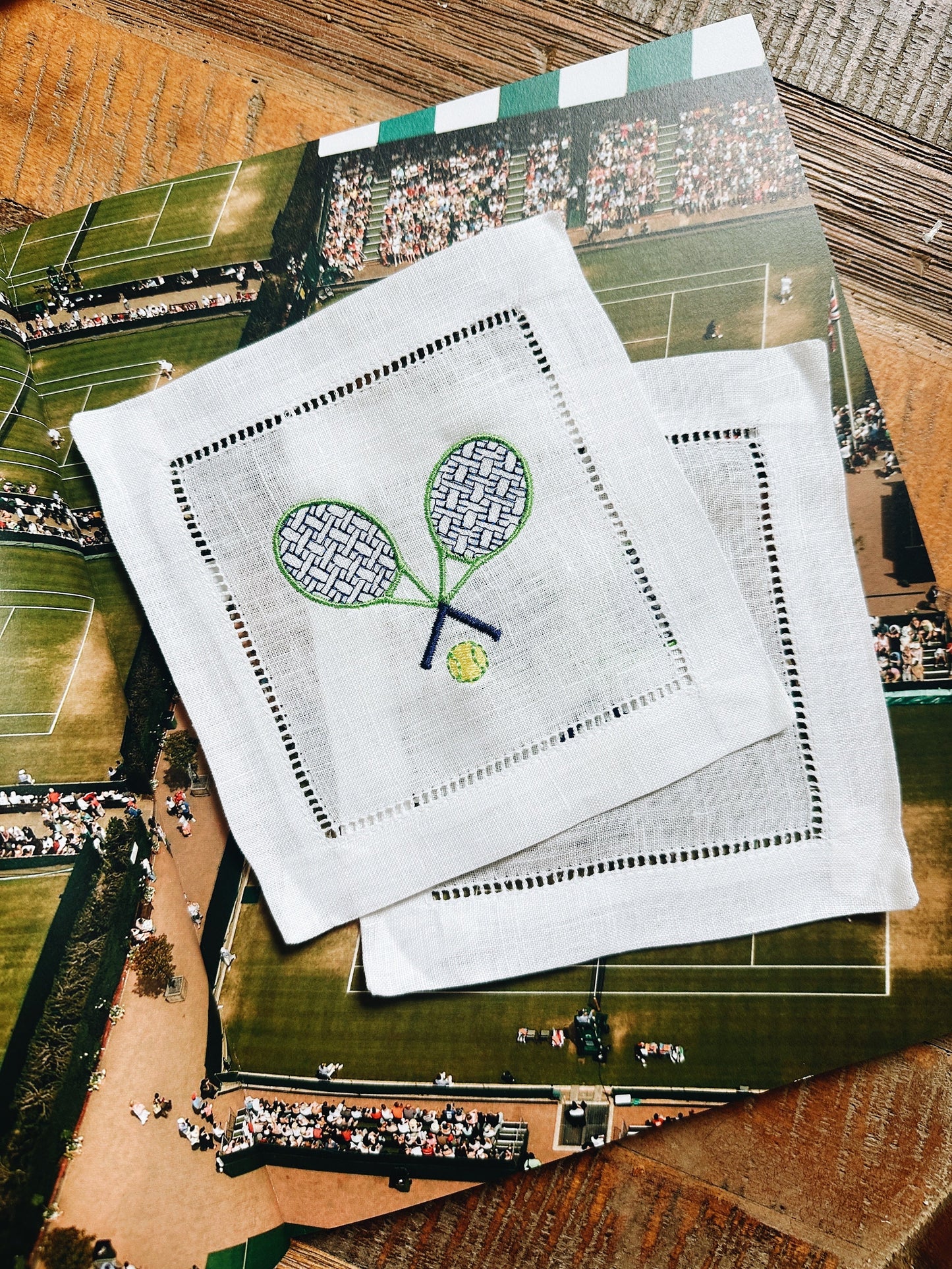 Tennis Racket Linen Cocktail Napkins - Blue & Green