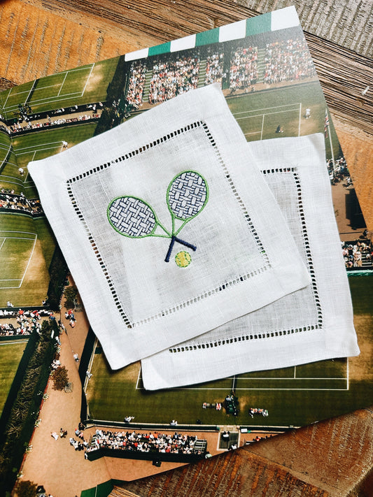 Tennis Racket Linen Cocktail Napkins - Blue & Green