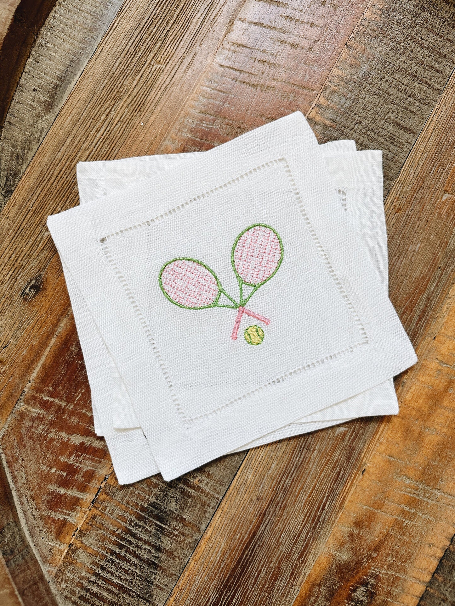 Tennis Racket Linen Cocktail Napkins - Pink & Green