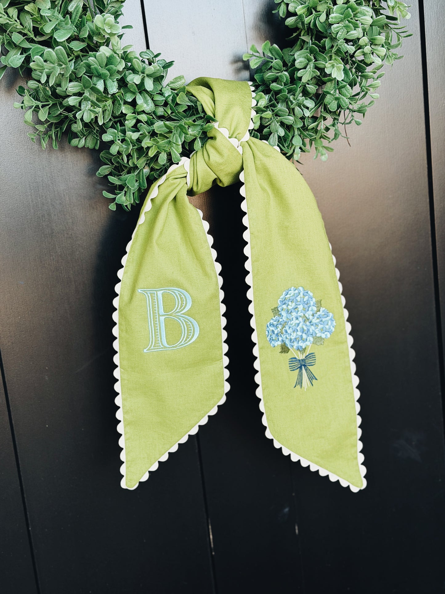 Blue Hydrangea Lime Wreath Sash with Ivory Ric Rac Trim
