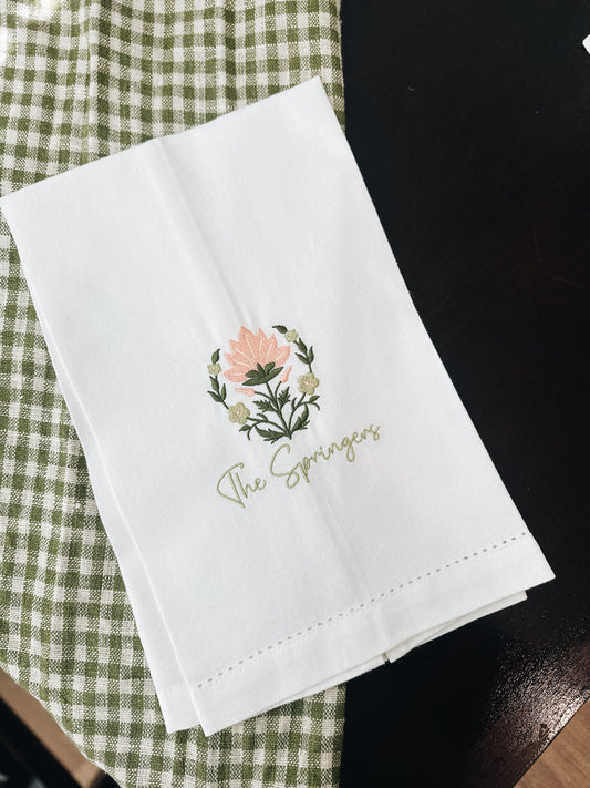 Detailed Block Print Flower Tea Towel - Personalization Optional
