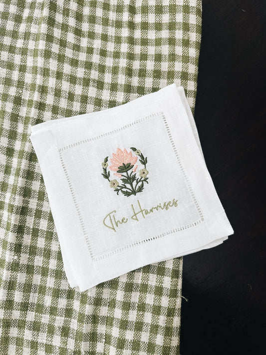 Detailed Block Print Flower Linen Cocktail Napkins - Personalization Optional