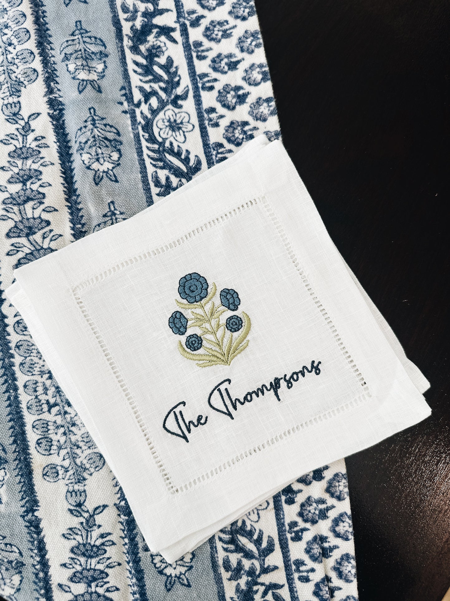 Simple Block Print Flower Linen Cocktail Napkins - Personalization Optional