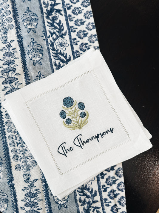 Simple Block Print Flower Linen Cocktail Napkins - Personalization Optional