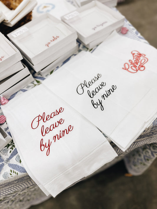 Please Leave By Nine Linen Tea Towel - Black