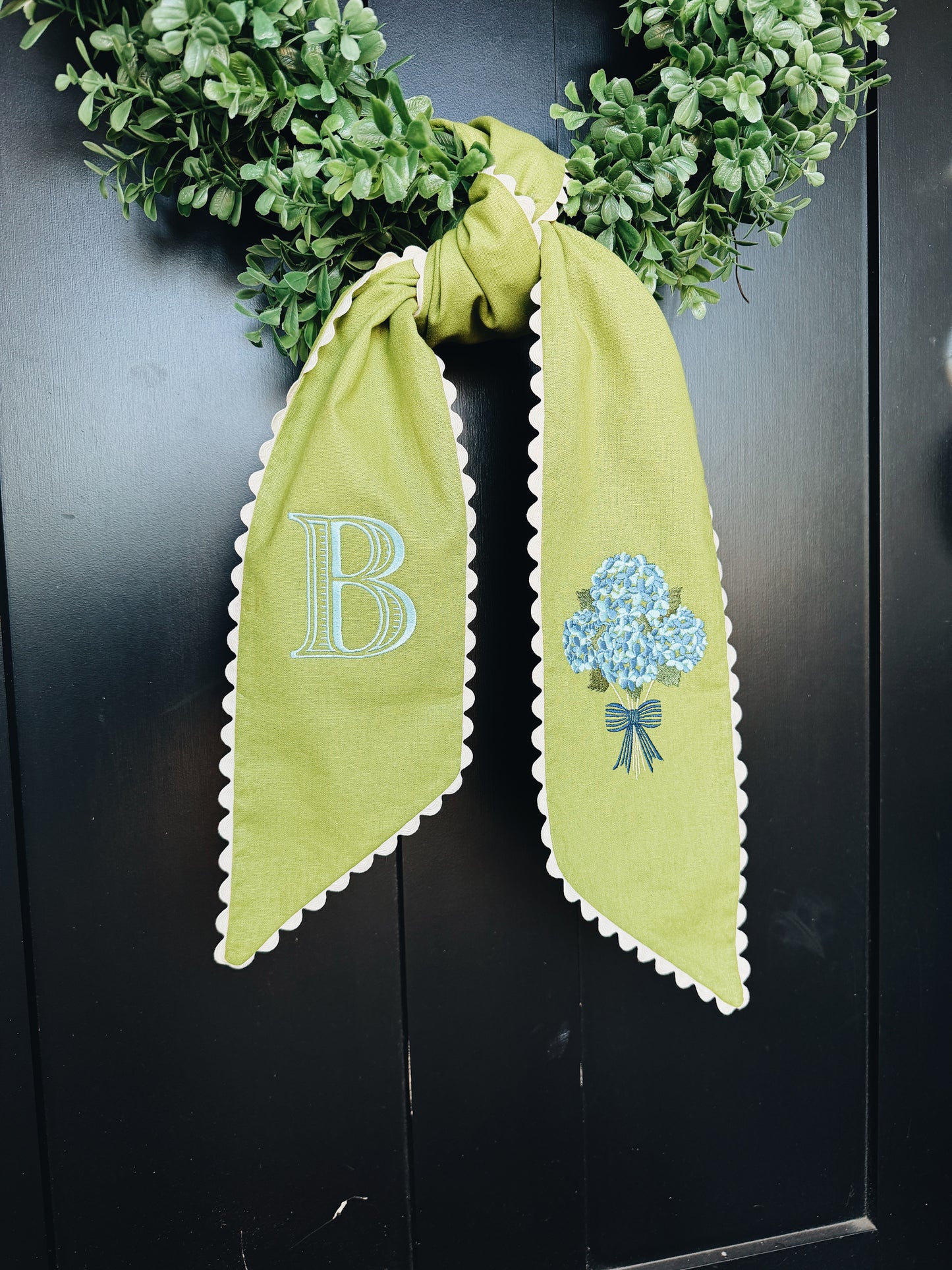 Blue Hydrangea Lime Wreath Sash with Ivory Ric Rac Trim
