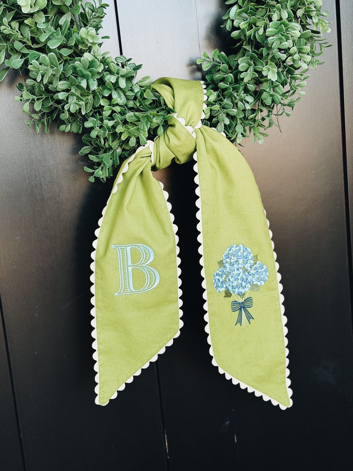 Blue Hydrangea Lime Wreath Sash with Ivory Ric Rac Trim