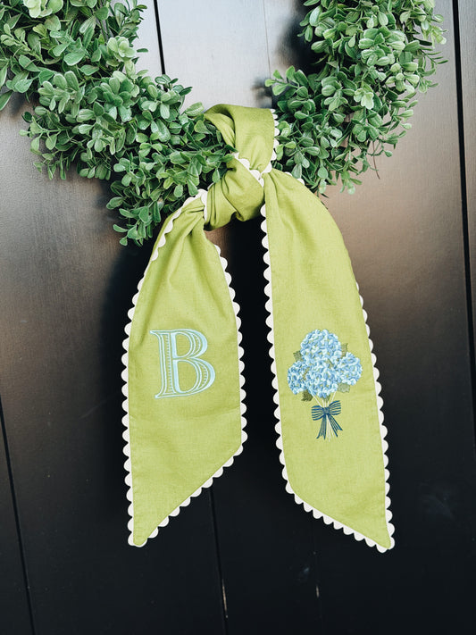 Blue Hydrangea Lime Wreath Sash with Ivory Ric Rac Trim