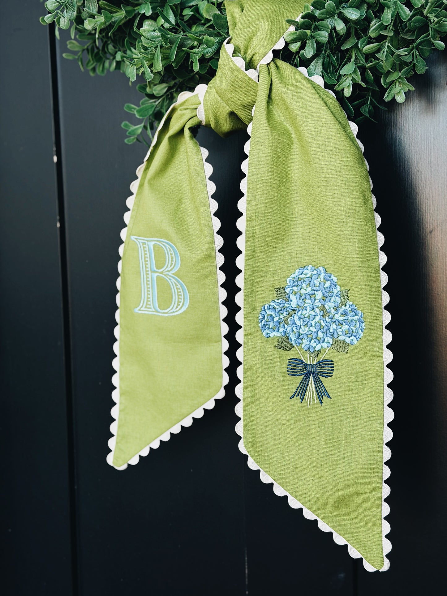 Blue Hydrangea Lime Wreath Sash with Ivory Ric Rac Trim
