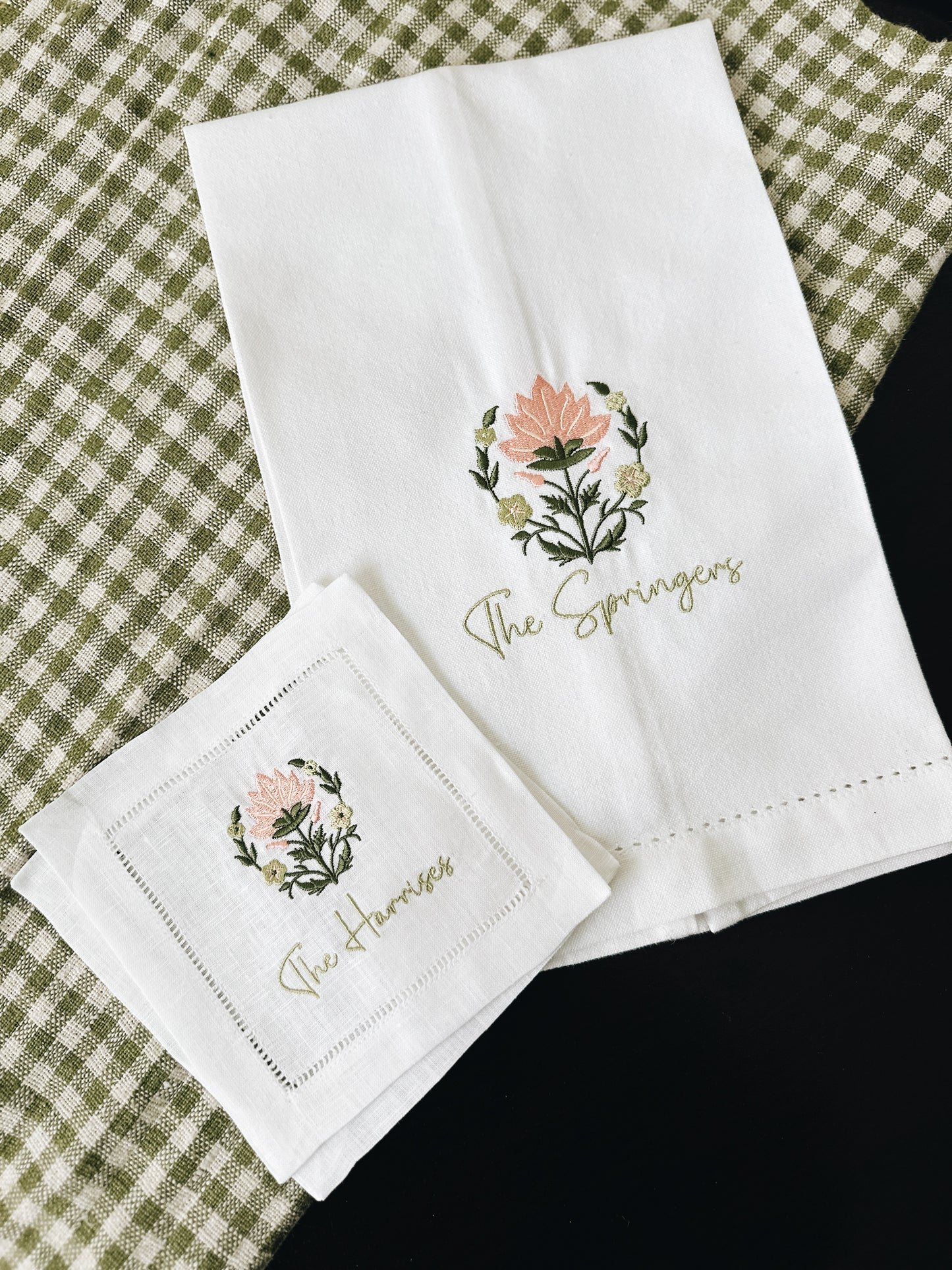 Detailed Block Print Flower Linen Cocktail Napkins - Personalization Optional