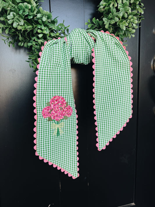 Pink Hydrangea Green Gingham Wreath Sash with Pink Ric Rac Trim