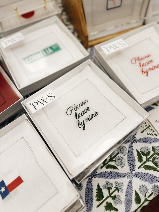 Please Leave By Nine Linen Cocktail Napkins - Black