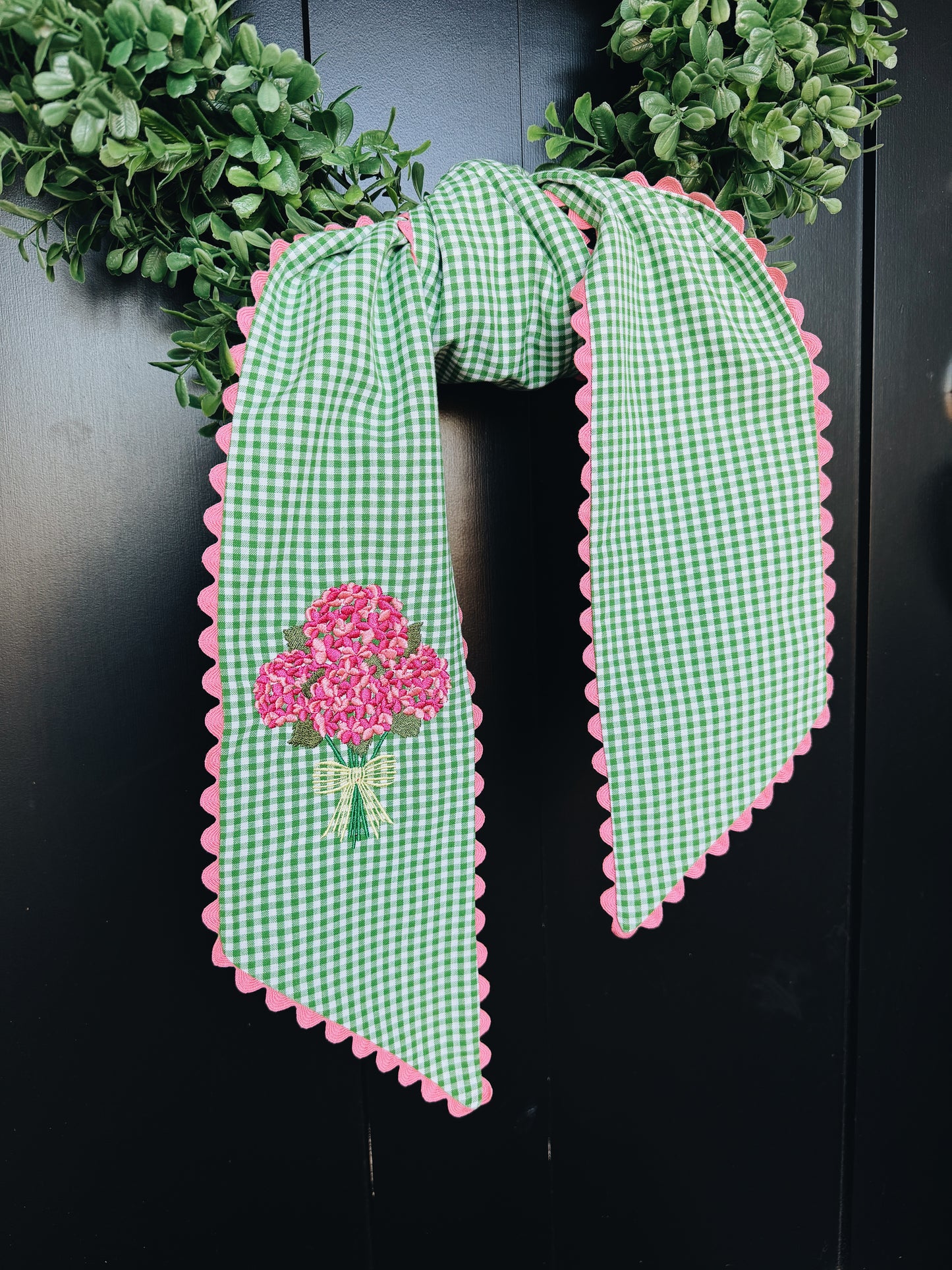 Pink Hydrangea Green Gingham Wreath Sash with Pink Ric Rac Trim