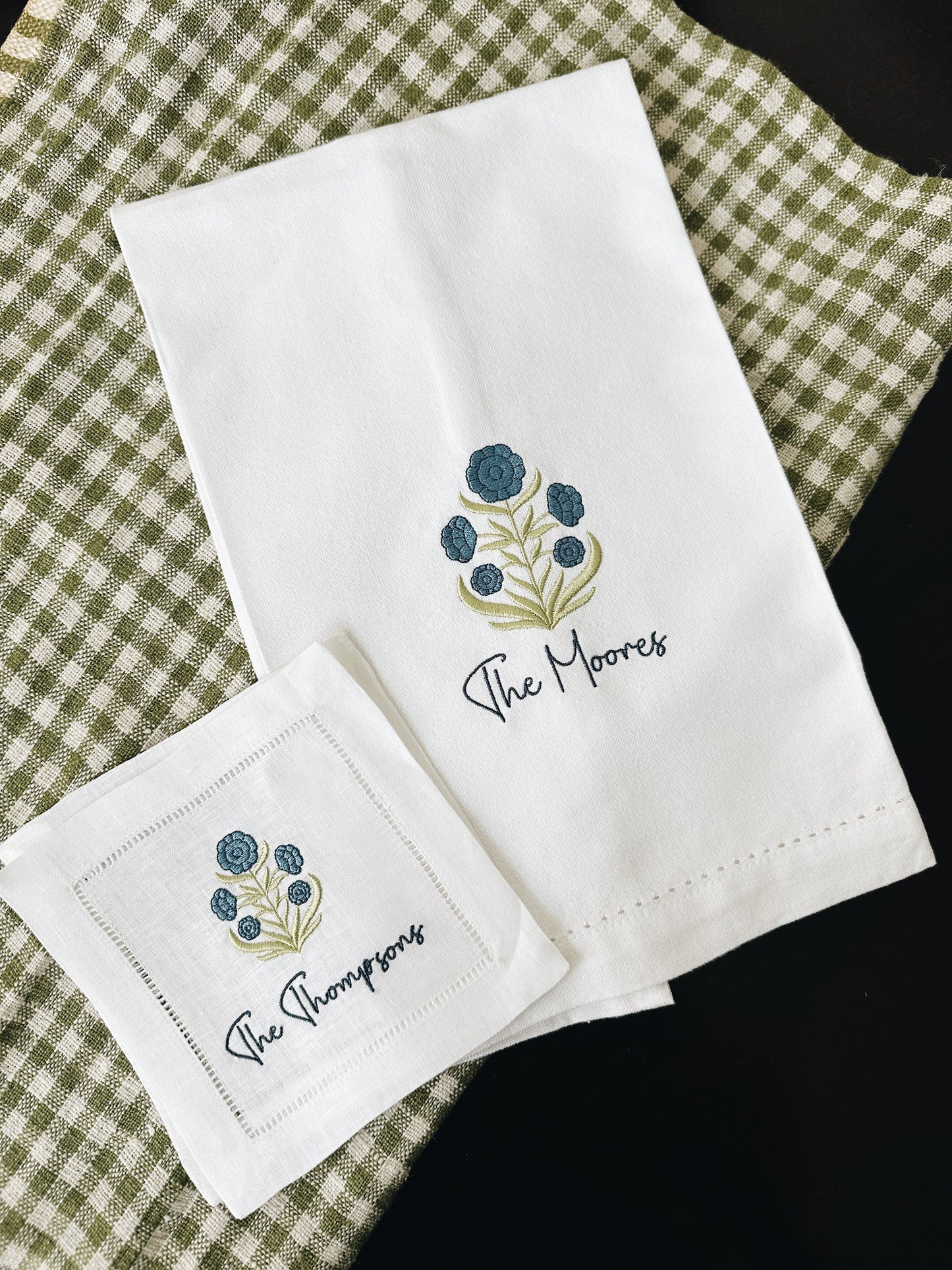 Simple Block Print Flower Linen Cocktail Napkins - Personalization Optional