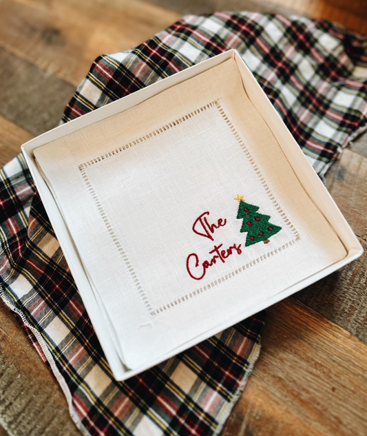 Christmas Tree with Last Name Linen Cocktail Napkins